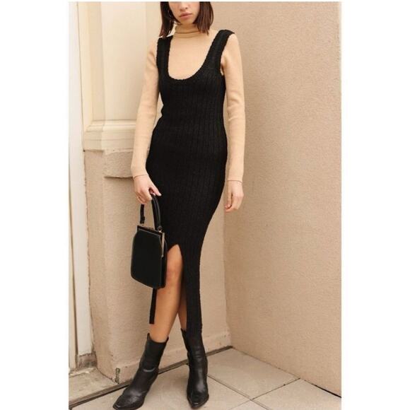 All Row Black Chunky Knit Slit Dress Size Large - Picture 1 of 7